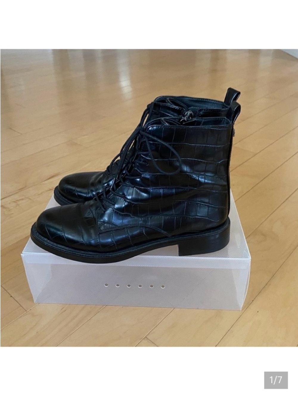 Sam Edelman Nina Black Crocodile Pattern Combat Boots